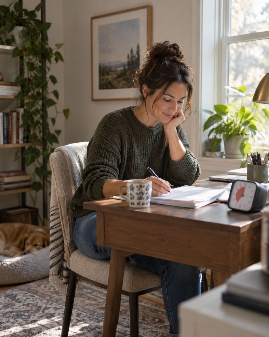 A woman sits at a desk by a window, writing in a notebook with a mug nearby. Books and plants decorate the space, and a dog rests in a bed on the floor. Sunlight streams in, creating a cozy, inviting atmosphere.