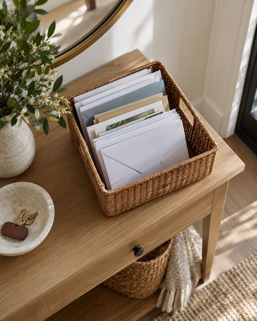A wicker basket filled with envelopes and papers sits on a wooden table near a vase with greenery and a bowl holding keys. A woven basket and textured rug are visible below the table.