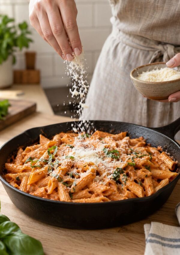 A person sprinkles grated cheese over creamy penne pasta in a black skillet, garnished with fresh herbs, on a wooden table with basil and kitchen items in the background.