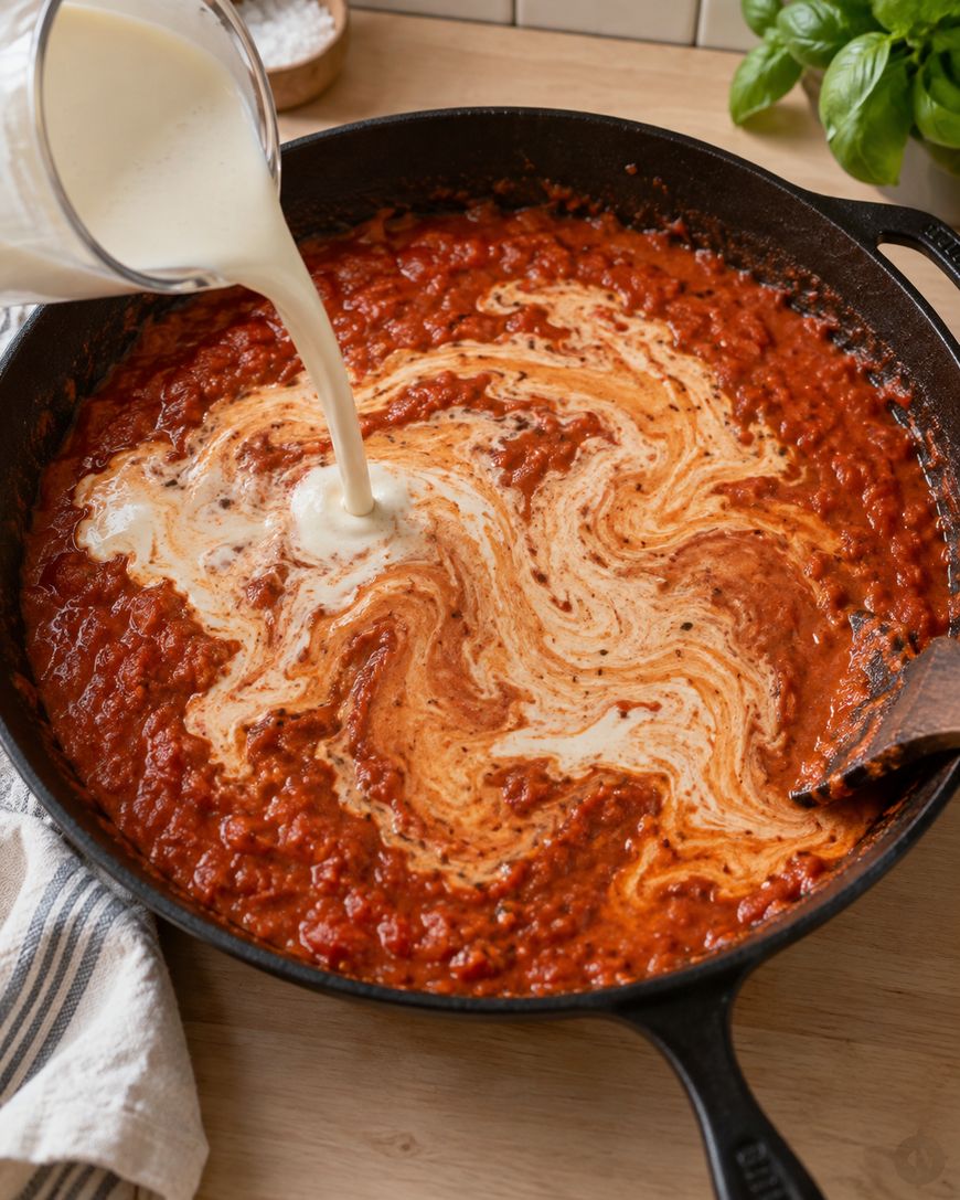 A glass pitcher pours cream into a skillet of red tomato sauce, creating a swirling pattern. A wooden spoon rests on the pans edge, and a striped towel and basil plant sit nearby.