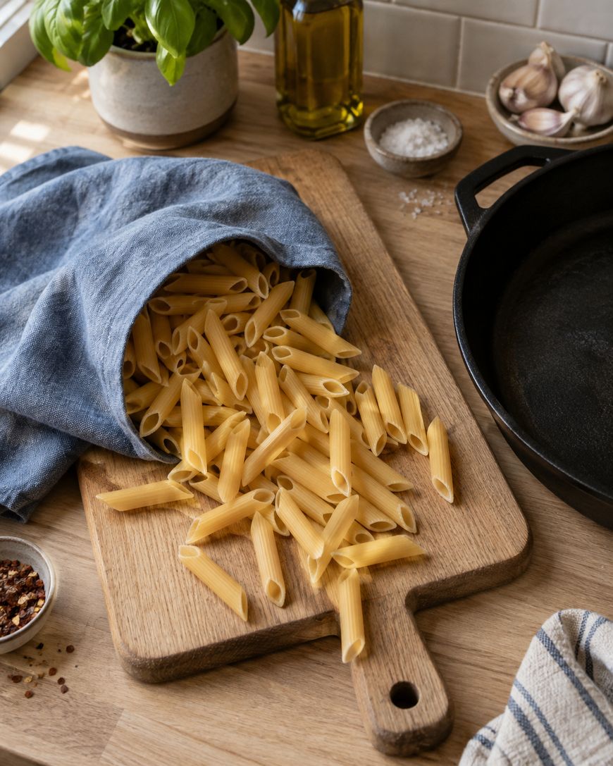 Uncooked penne pasta spilling from a blue cloth onto a wooden cutting board, with a cast iron pan, garlic, salt, olive oil, red pepper flakes, and basil nearby on a kitchen countertop.