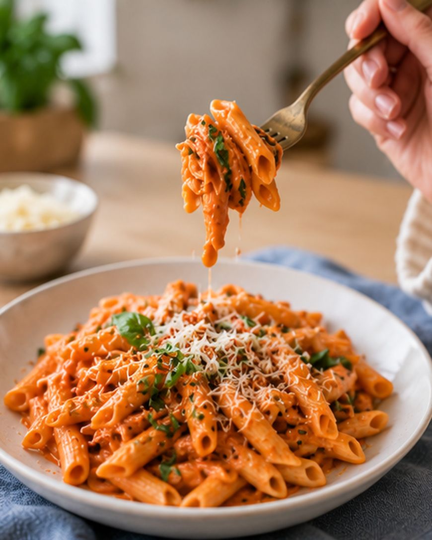 A plate of penne pasta with creamy tomato sauce, garnished with grated cheese and fresh herbs, with a hand lifting a forkful above the plate.