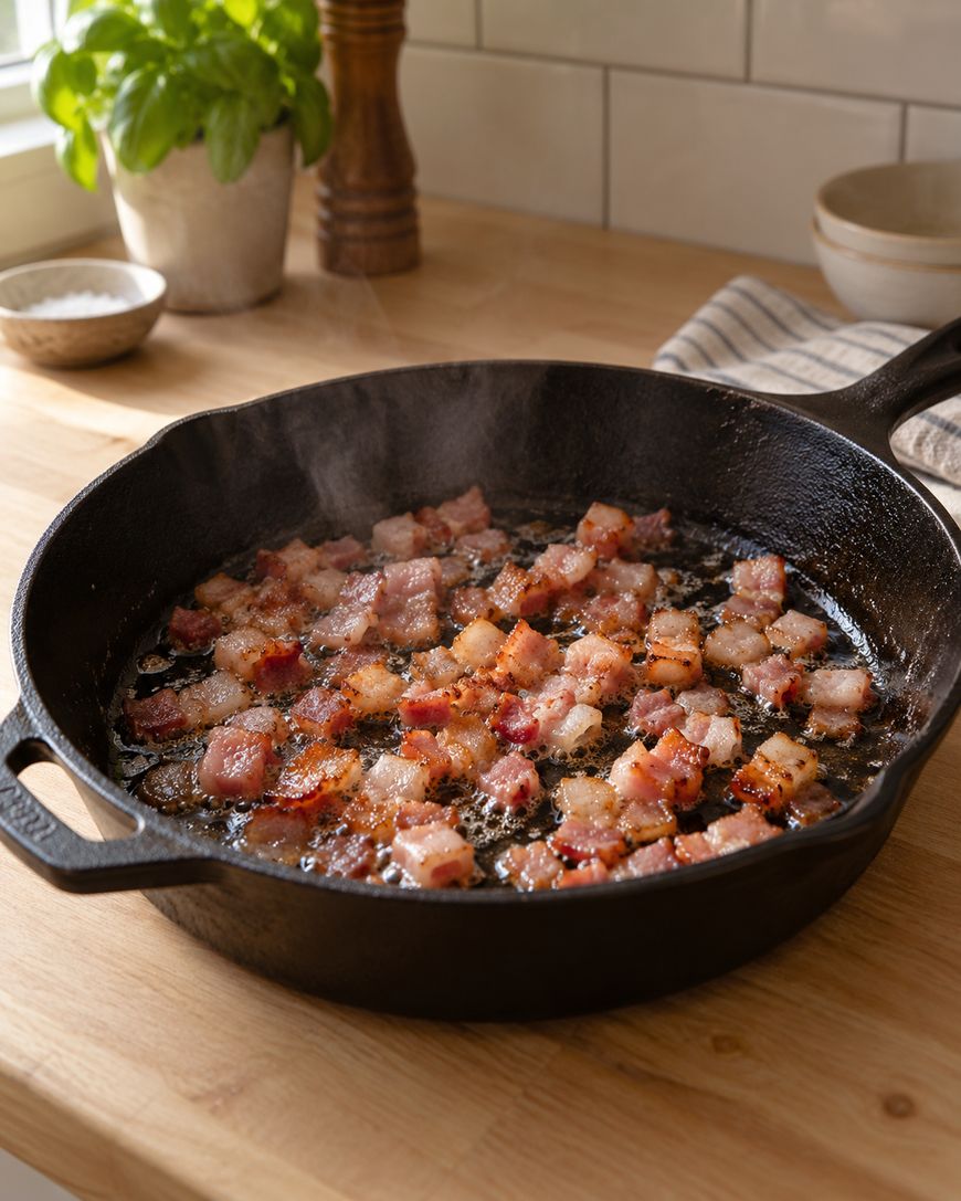 Chopped bacon pieces sizzling in a black cast iron skillet on a wooden countertop, with steam rising. There are kitchen items like a plant, bowl, and towel in the background.