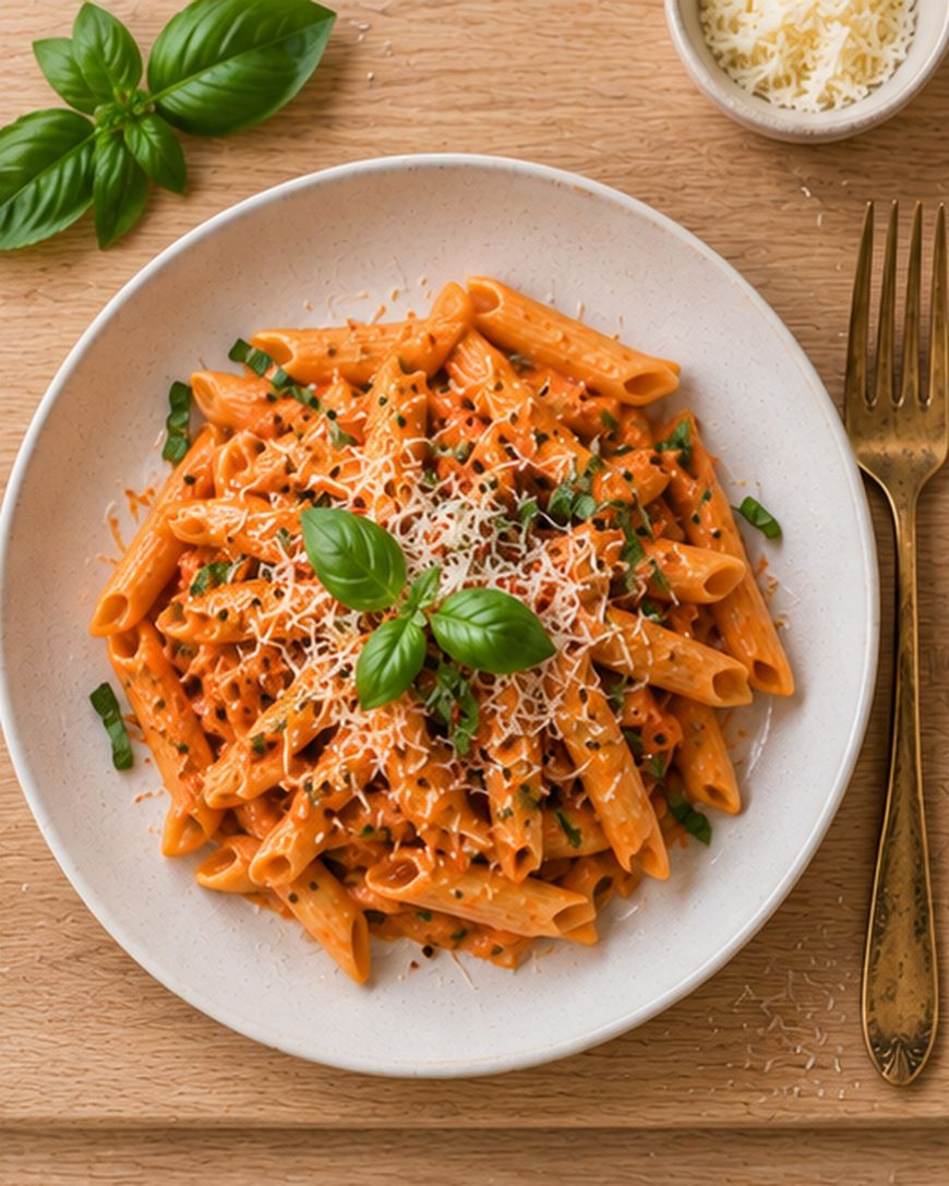 A white plate of penne pasta in creamy tomato sauce, topped with grated cheese and fresh basil, sits on a wooden table with a fork, spoon, basil leaves, and a bowl of grated cheese nearby.