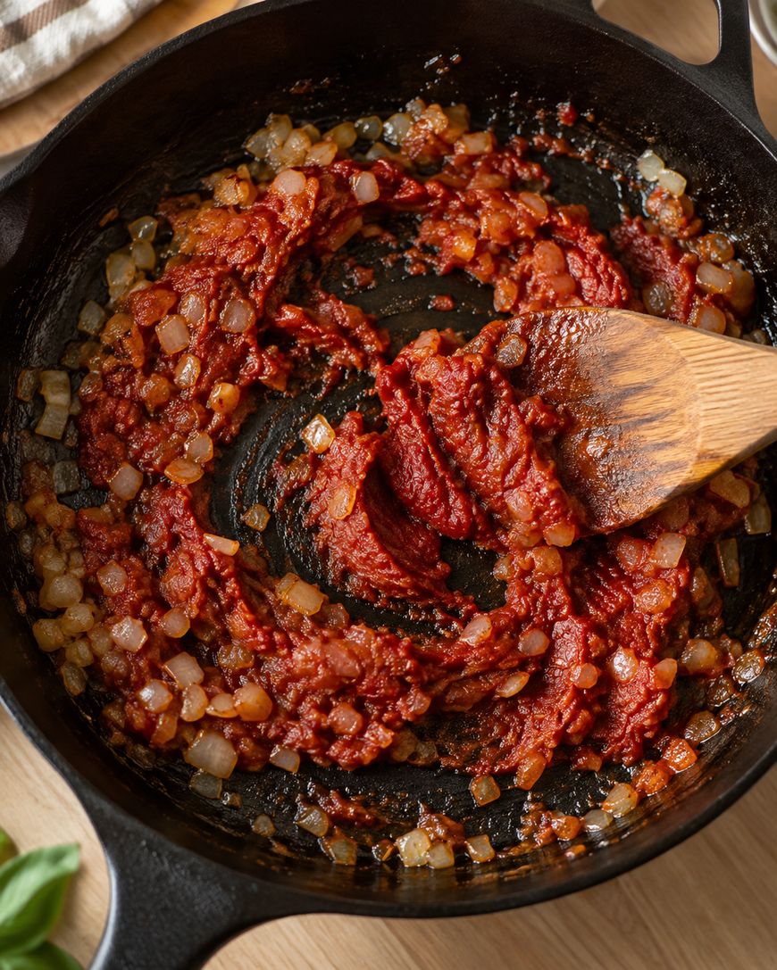 Diced onions and tomato paste are being stirred in a black cast iron skillet with a wooden spatula. The mixture appears thick and partially caramelized.