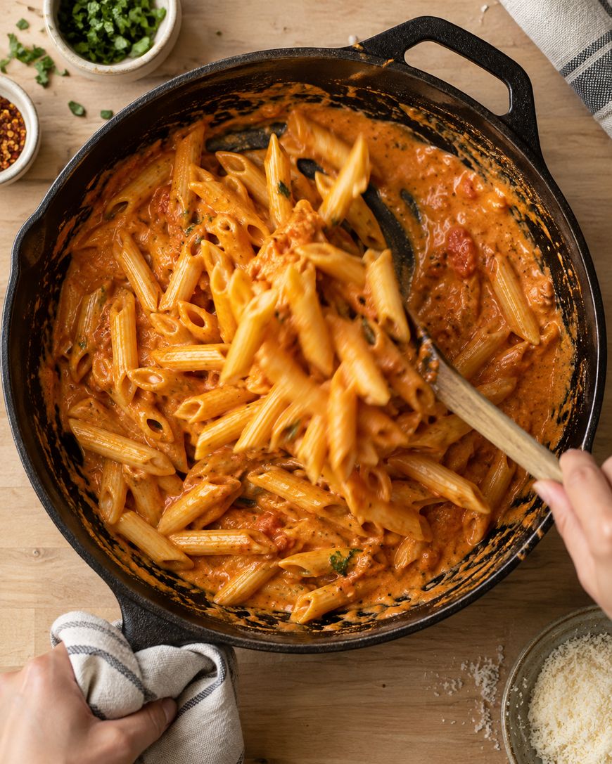 A person stirs creamy penne pasta with tomato sauce in a black skillet, surrounded by bowls of grated cheese, herbs, and red pepper flakes on a wooden table.