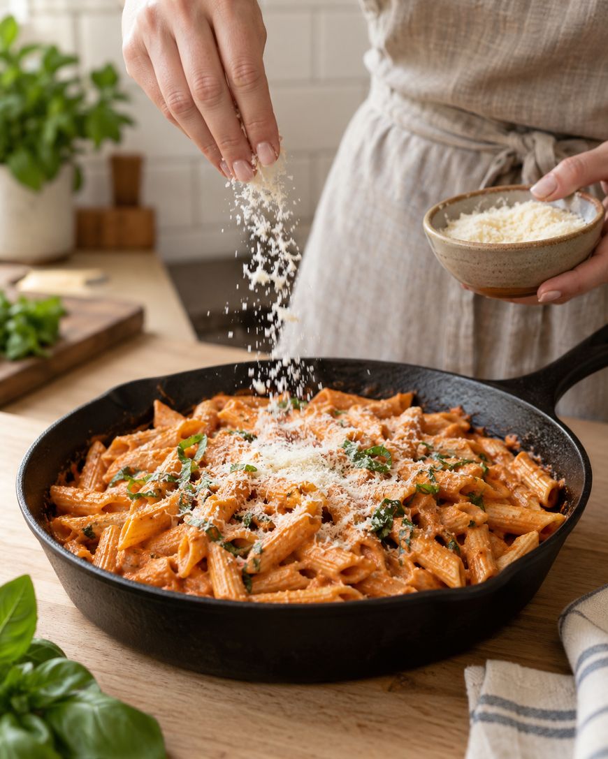 A person sprinkles grated cheese over penne pasta in a black skillet, with a bowl of cheese in one hand, on a wooden table with herbs nearby.