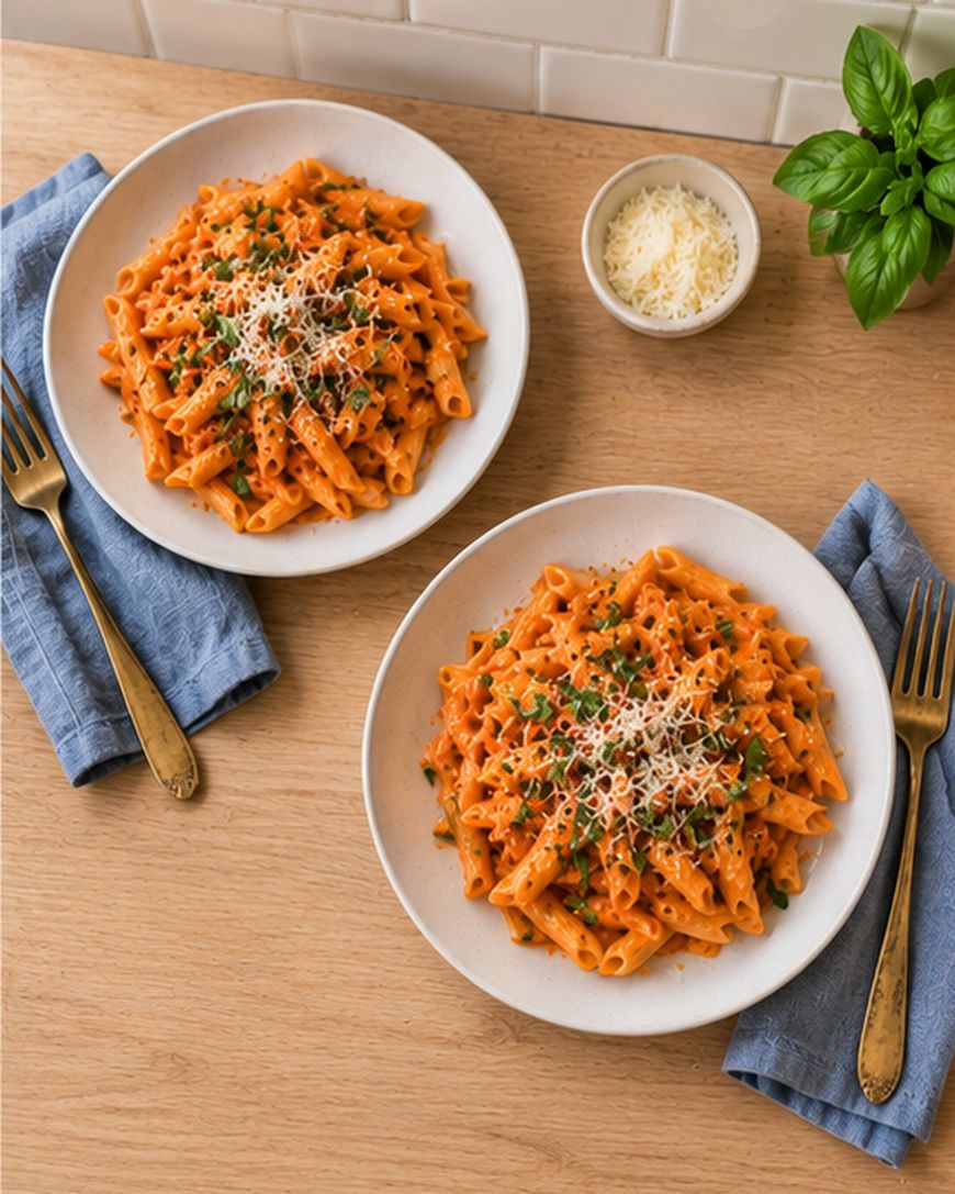 Two plates of penne pasta with red sauce, garnished with chopped herbs and grated cheese, are set on a wooden table with gold forks, blue napkins, a bowl of extra cheese, and a fresh basil plant.