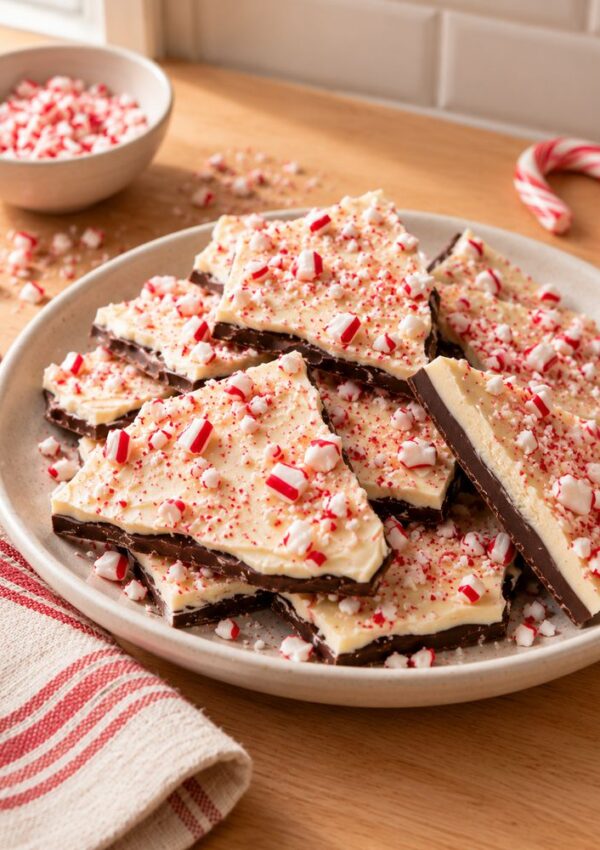 A plate of chocolate peppermint bark with white and dark chocolate layers, topped with crushed candy canes. A bowl of crushed candy canes and whole candy canes are in the background on a wooden surface.