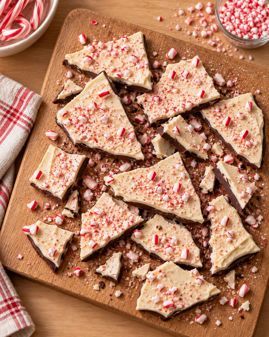 Pieces of peppermint bark with white and dark chocolate layers are topped with crushed candy canes on a wooden board, surrounded by more crushed candy and whole candy canes.