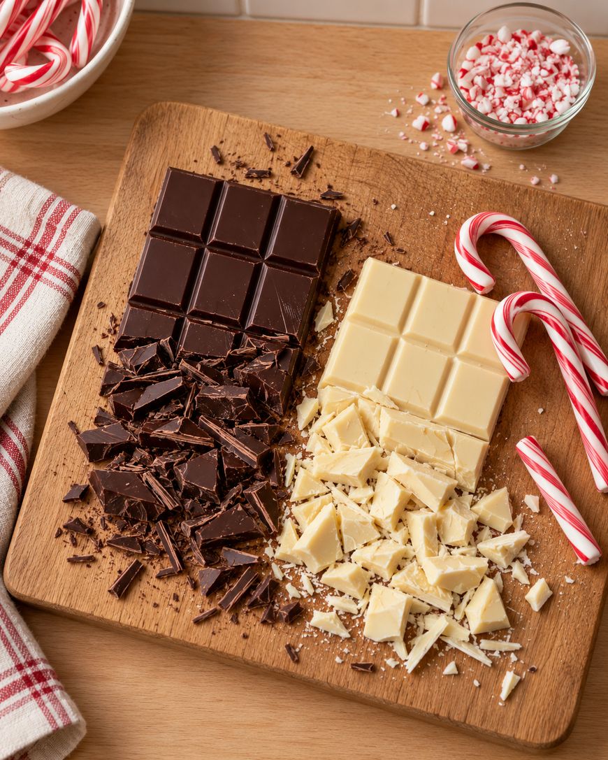 Two chocolate bars, one dark and one white, partly chopped on a wooden board, with whole and crushed candy canes nearby and a bowl of crushed peppermint candy in the background.