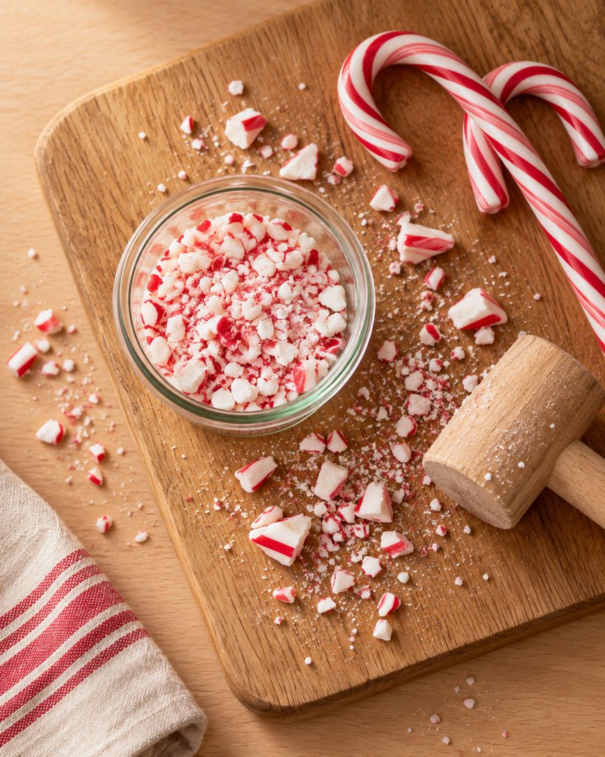 Crushed candy canes in a glass bowl on a wooden cutting board with two whole candy canes, a wooden mallet, and scattered candy pieces, next to a towel with red stripes.