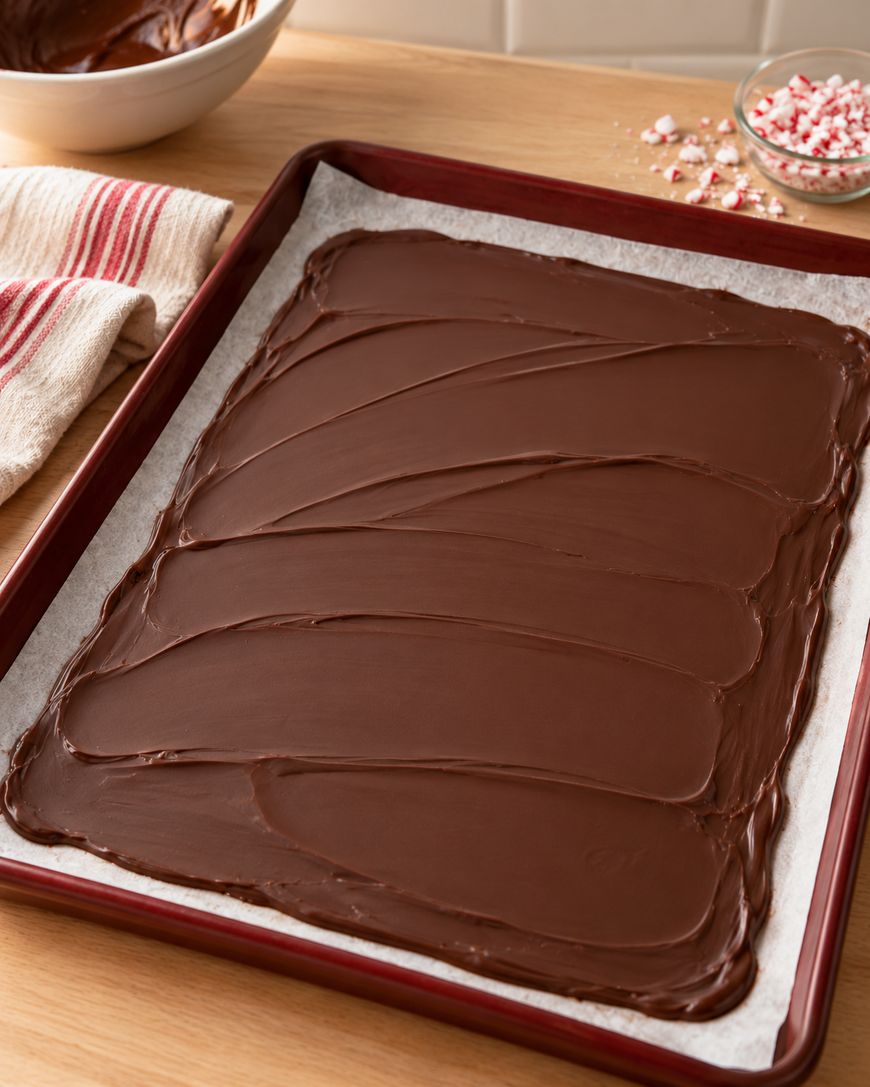 A baking sheet covered with smooth, melted chocolate sits on parchment paper. Nearby are a red-striped towel, a bowl with chocolate, and a small bowl of crushed peppermint candy.