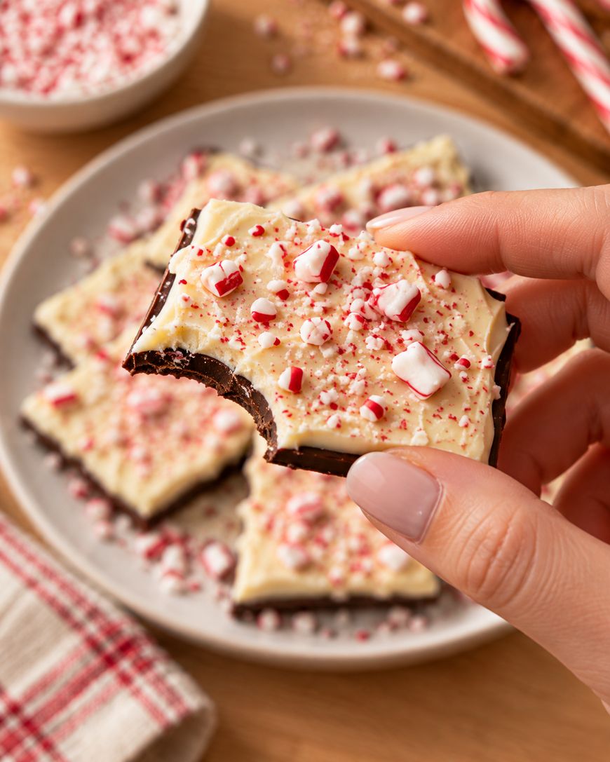 A hand holds a piece of peppermint bark with a bite taken out. The bark has white chocolate topped with crushed candy canes, and more pieces are on a plate in the background.