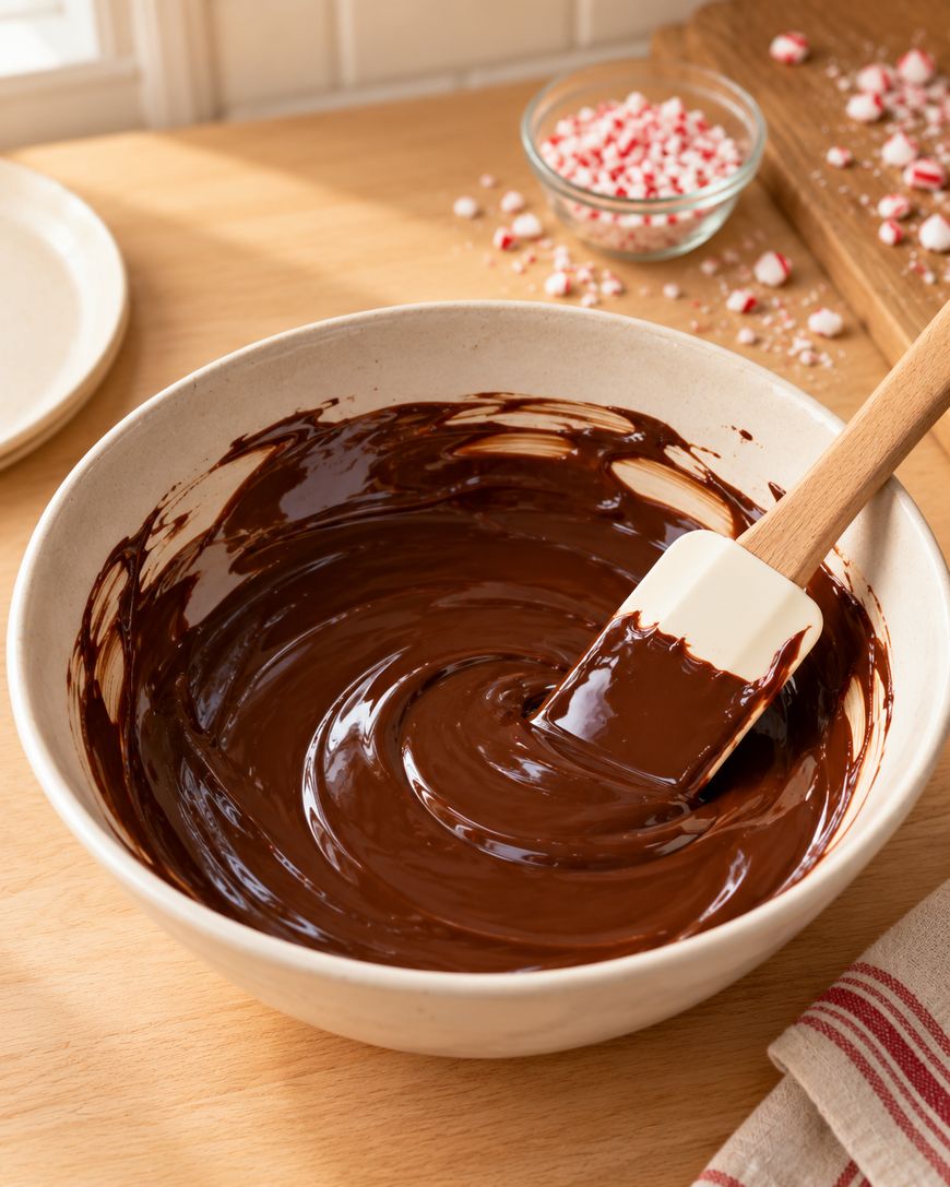 A bowl of melted chocolate is being stirred with a spatula on a wooden surface. Crushed peppermint candies are sprinkled on a cutting board in the background.
