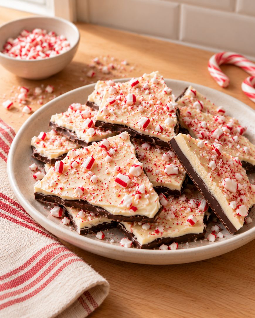 A plate of peppermint bark with layers of dark and white chocolate, topped with crushed candy canes. A bowl of extra peppermint pieces and whole candy canes are in the background on a wooden countertop.