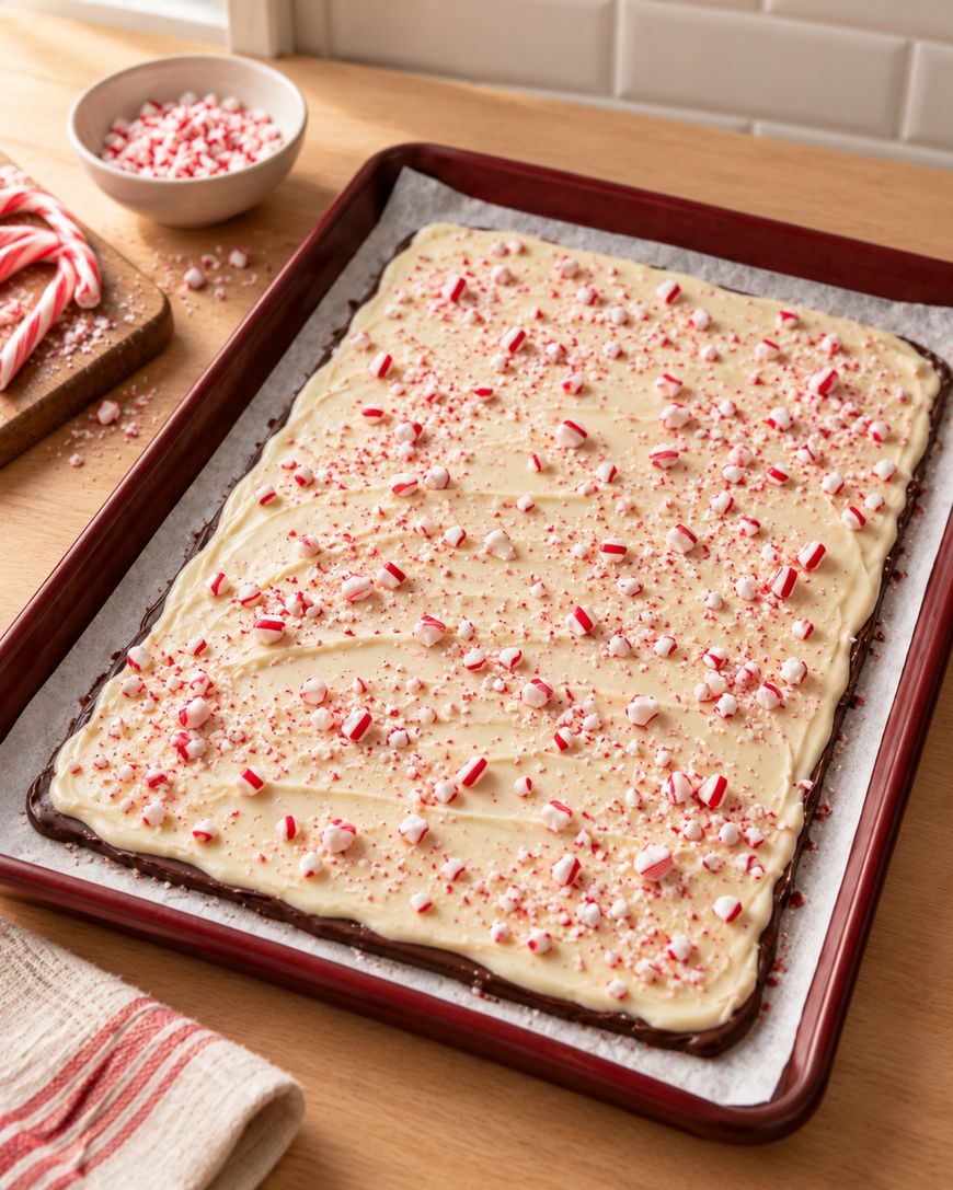 A baking sheet with peppermint bark topped with crushed candy canes sits on parchment paper. Nearby are a bowl and a cutting board with more crushed peppermint pieces.