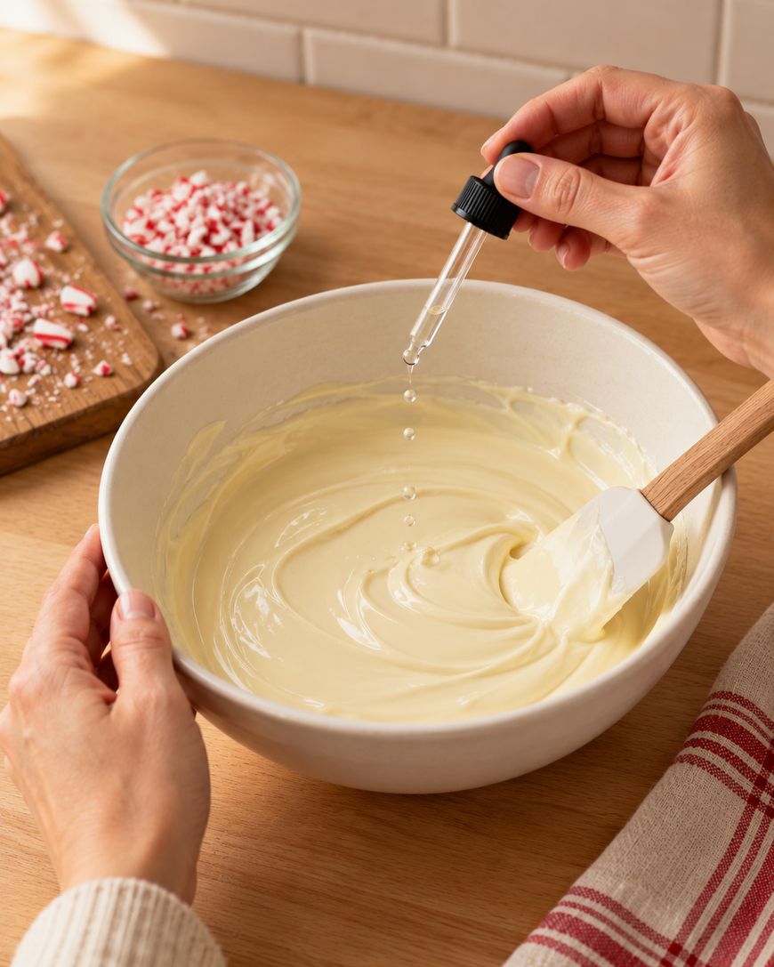 A person uses a dropper to add liquid to a bowl of creamy batter, stirring with a spatula. Crushed peppermint candies are on a cutting board nearby.