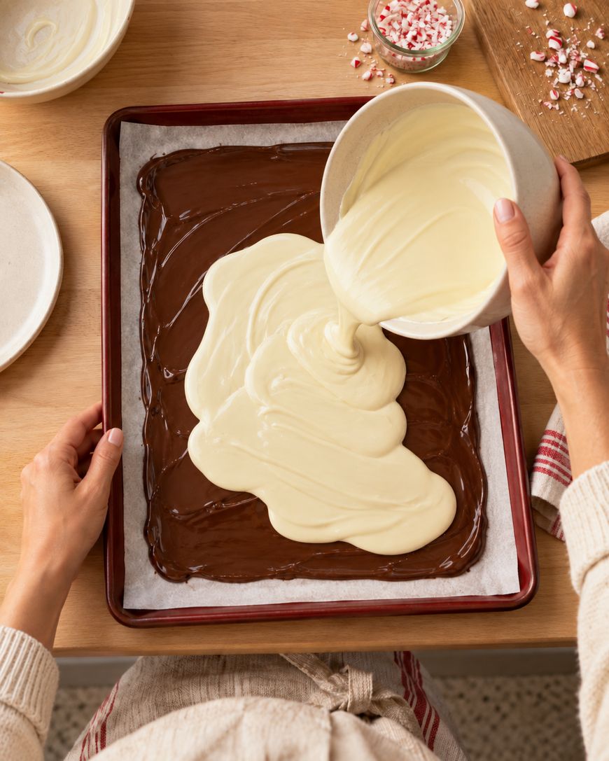 A person pours melted white chocolate over a layer of melted dark chocolate on a parchment-lined baking sheet, preparing a dessert on a wooden table.