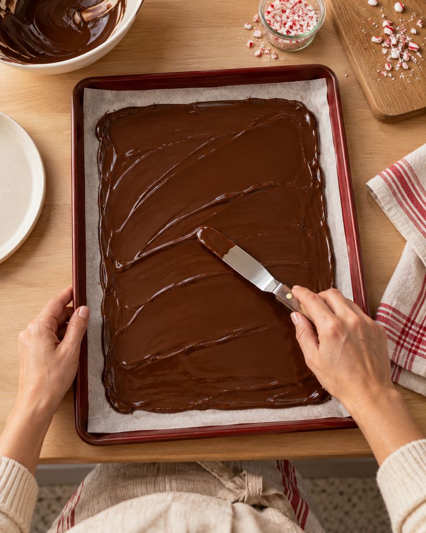 A person spreads melted chocolate on a parchment-lined baking sheet with an offset spatula. Crushed peppermint candy and a red-striped towel are nearby on the wooden table.