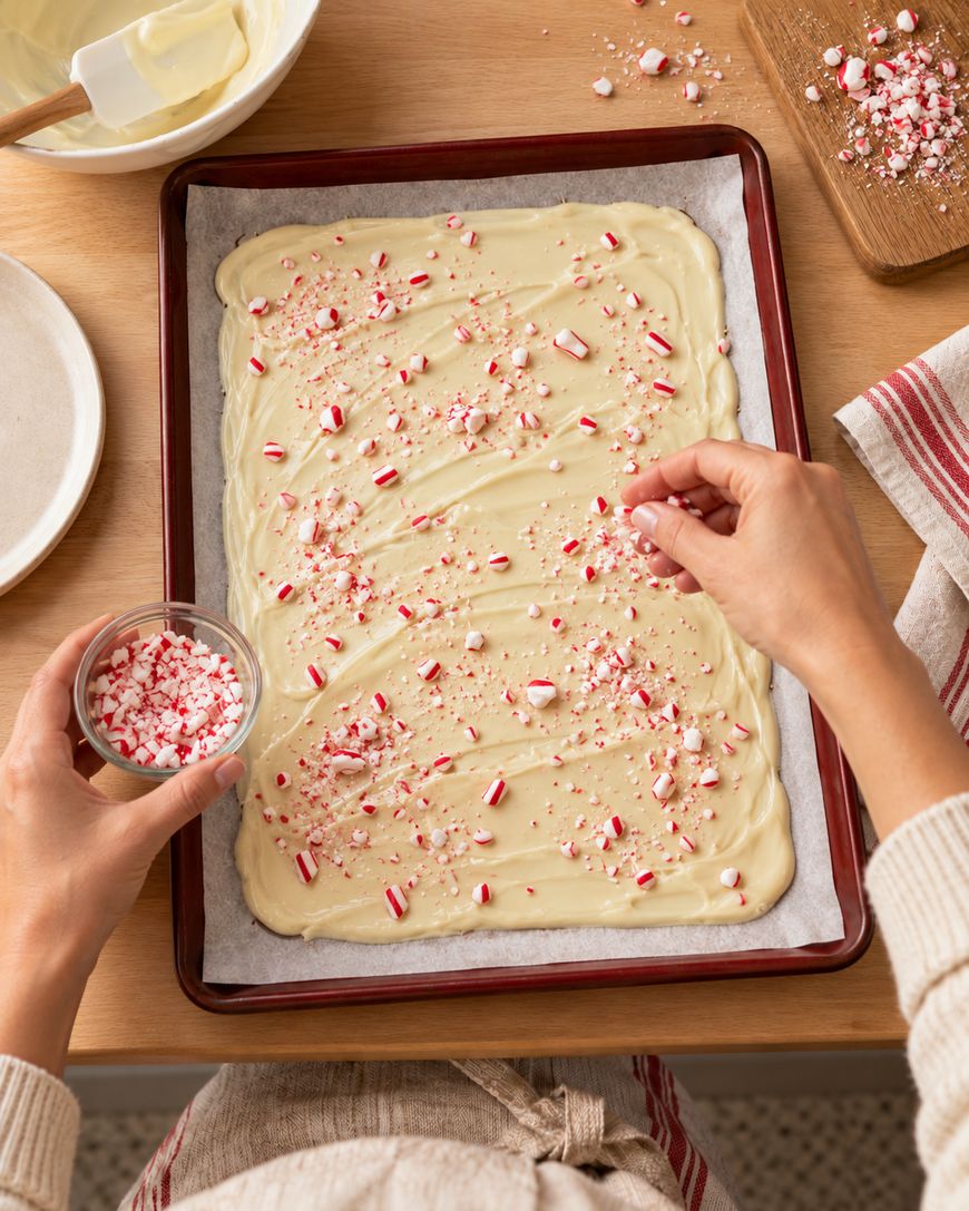 Hands sprinkle crushed peppermint candies onto a baking sheet covered with melted white chocolate. A bowl of candies, a striped towel, and a plate are nearby on the wooden table.