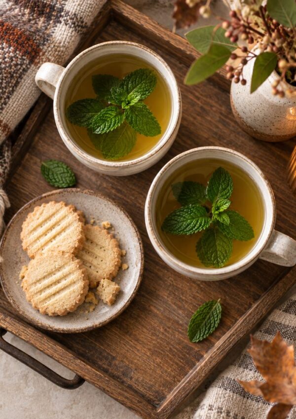 Two cups of herbal tea with fresh mint leaves on a wooden tray, served with three shortbread cookies on a small plate, next to a cozy blanket and a vase with autumn flowers.