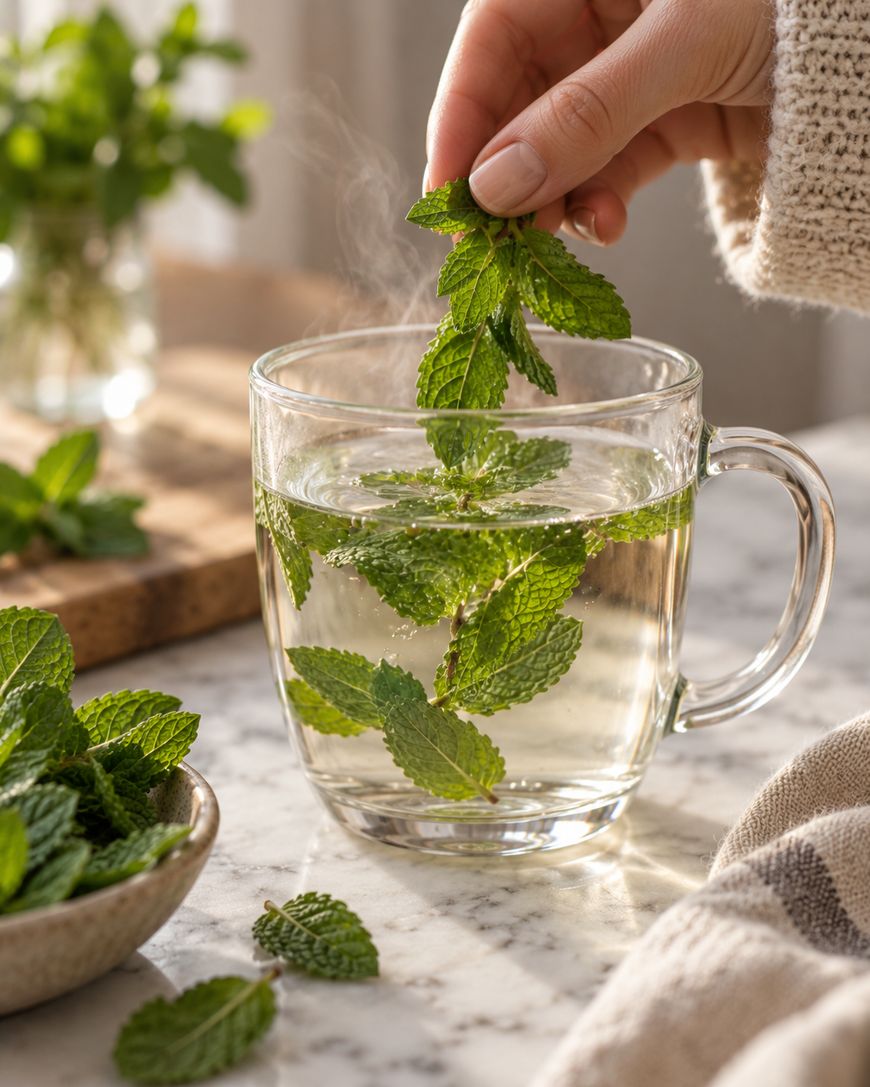 A hand adds fresh mint leaves to a clear glass mug filled with hot water, with steam rising.