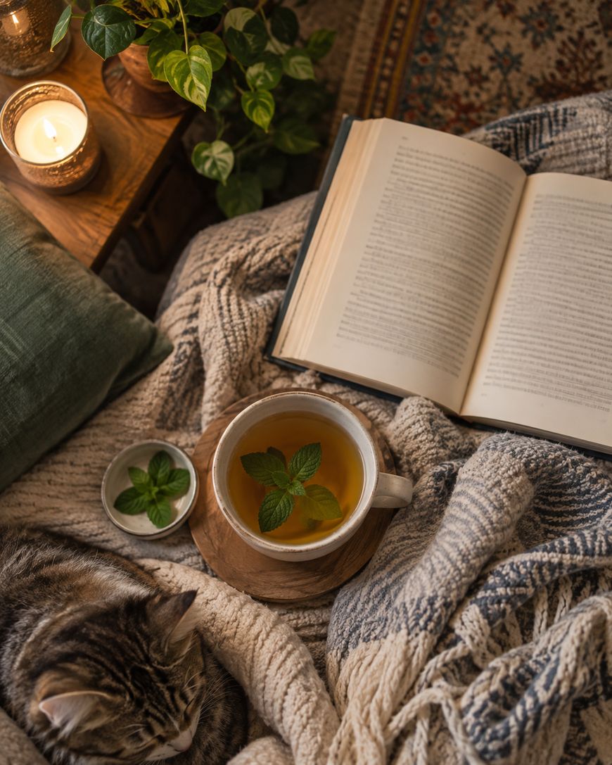 A cozy scene with a cat lying on a blanket, a cup of mint tea, an open book, a lit candle, and a small green plant.