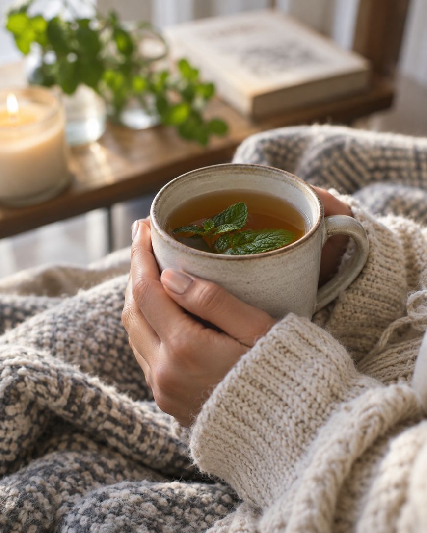 A person in a cozy sweater holds a mug of tea with mint leaves, wrapped in a knit blanket.