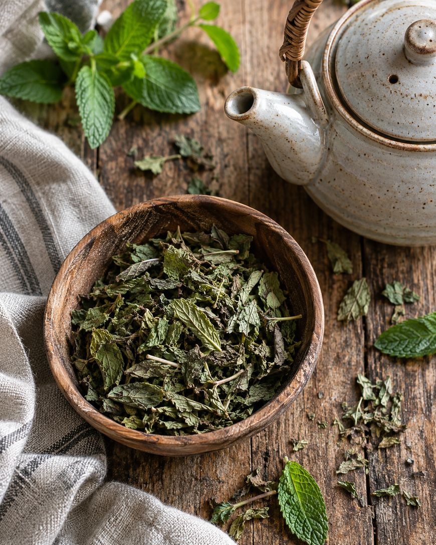 A wooden bowl of dried mint leaves sits on a rustic wooden table next to a ceramic teapot, fresh mint sprigs, and a striped cloth.