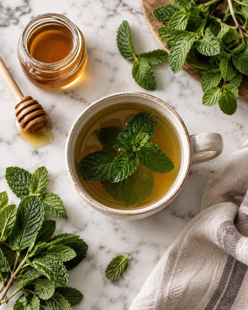 A cup of herbal tea with mint leaves, surrounded by fresh mint sprigs, a jar of honey with a honey dipper.