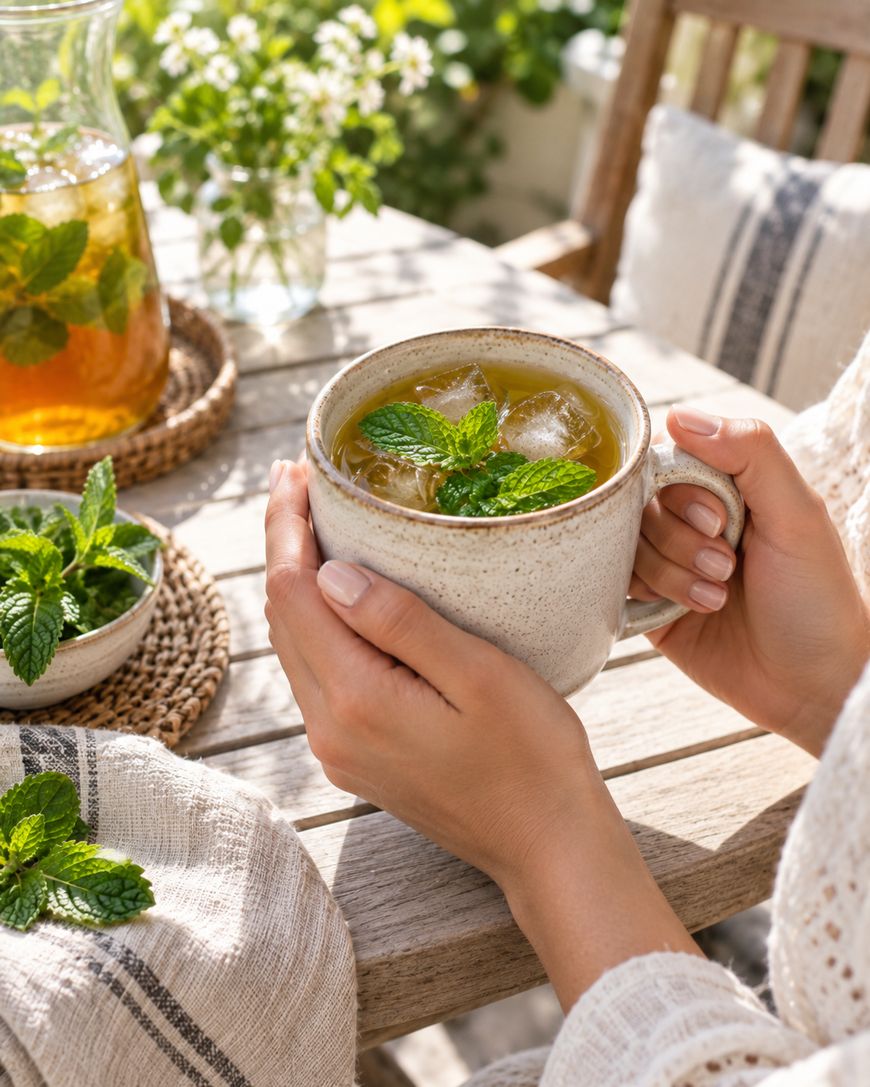 A person holding a mug of iced tea with mint leaves, sitting at a sunlit outdoor table.