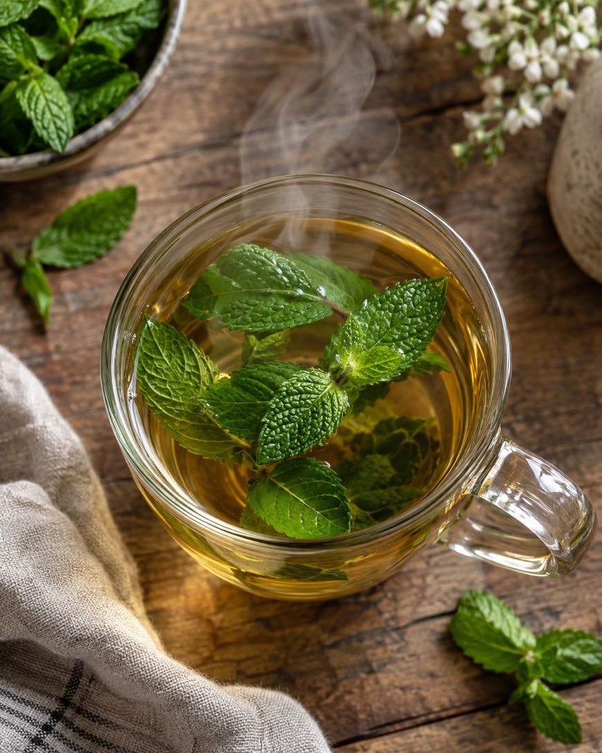 A clear glass cup of hot mint tea with fresh mint leaves, sitting on a wooden table.