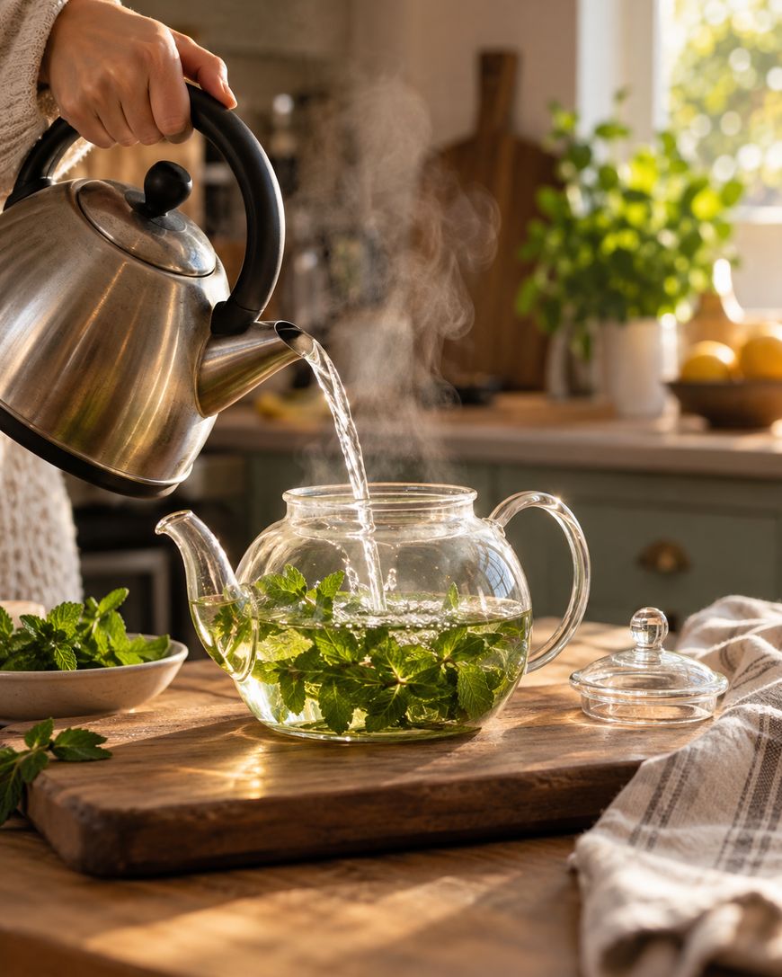 A hand pours hot water from a kettle into a glass teapot filled with fresh mint leaves.