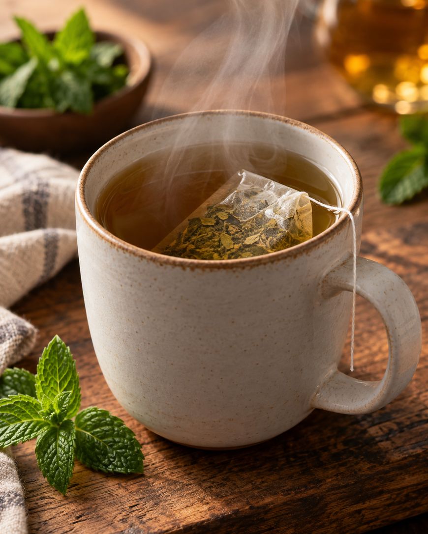 A steaming cup of tea with a tea bag inside sits on a wooden table, surrounded by fresh mint leaves and a bowl of mint in the background.