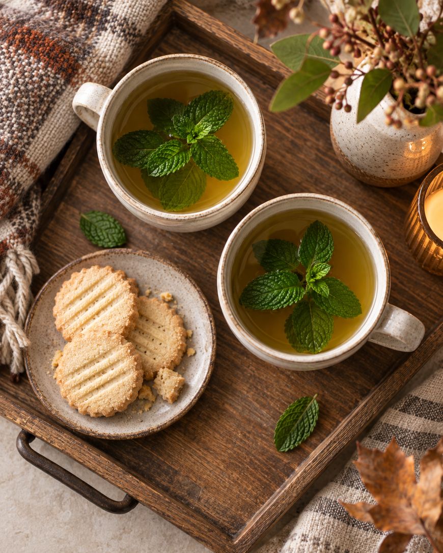 Two cups of tea with mint leaves, a small plate of cookies, and a candle sit on a wooden tray beside a cozy blanket and autumn leaves.