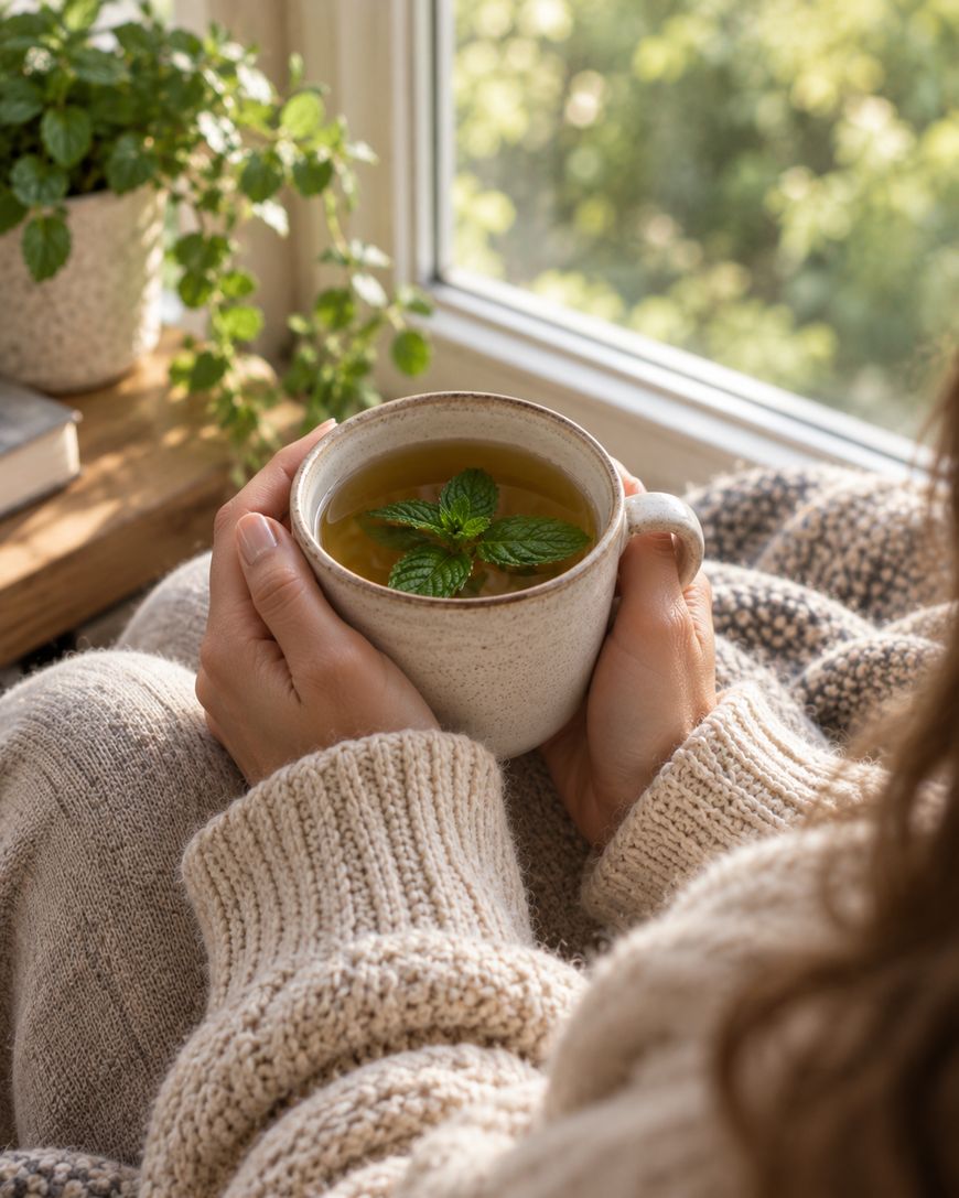 A person in a cozy sweater holds a mug of tea with mint leaves, sitting by a window with green plants.