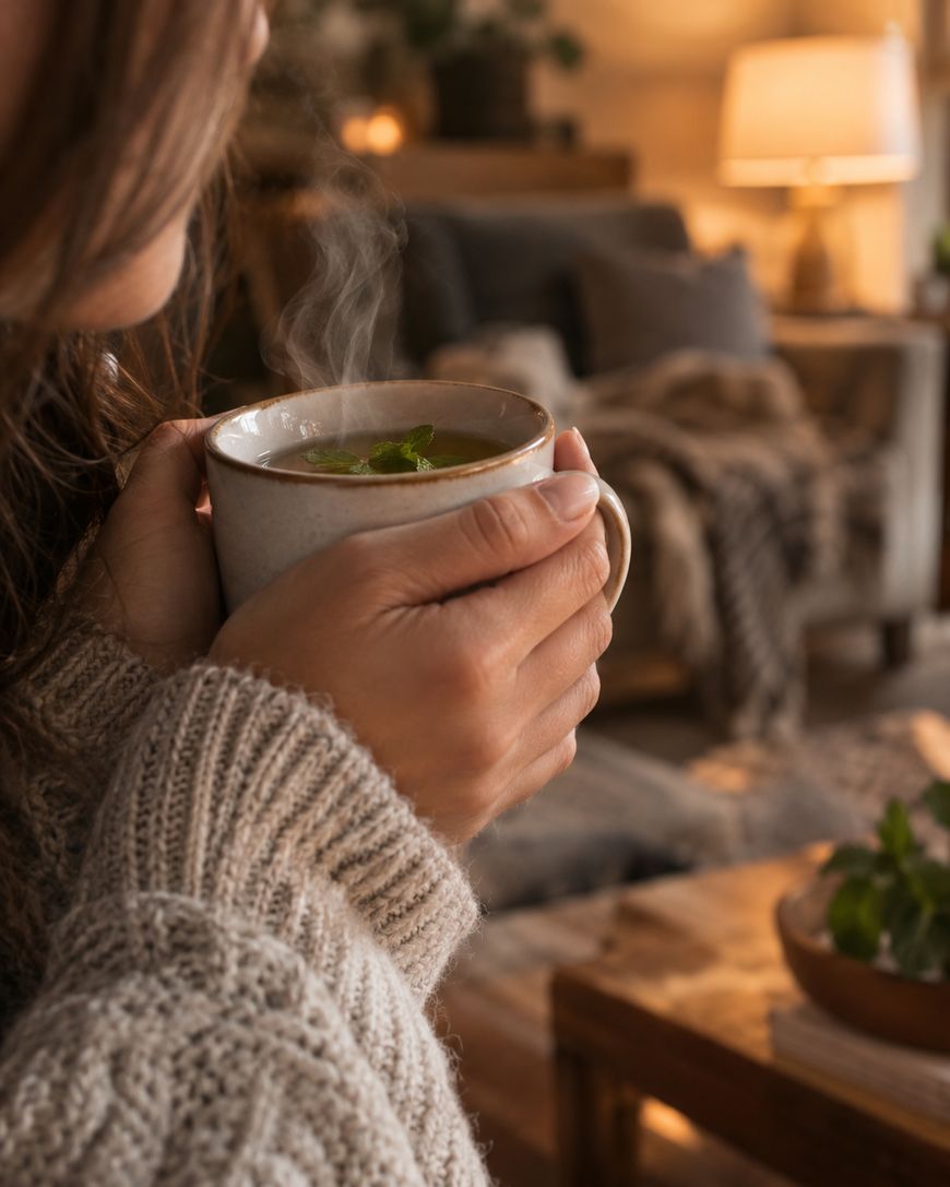 A person in a cozy sweater holds a steaming mug in a warmly lit living room.