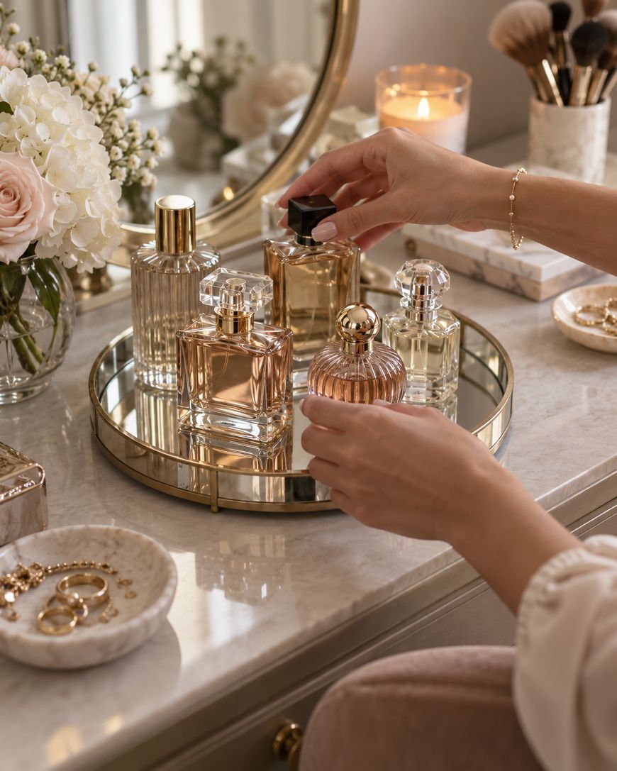 A woman arranges perfume bottles on a mirrored tray atop a vanity with flowers, jewelry, and a lit candle in the background.