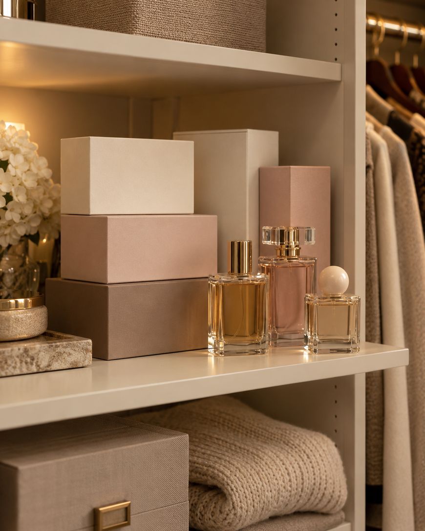 Shelf with stacked beige and pink boxes, three clear perfume bottles, a vase of white flowers, and folded beige knitwear, set in a softly lit, organized closet.