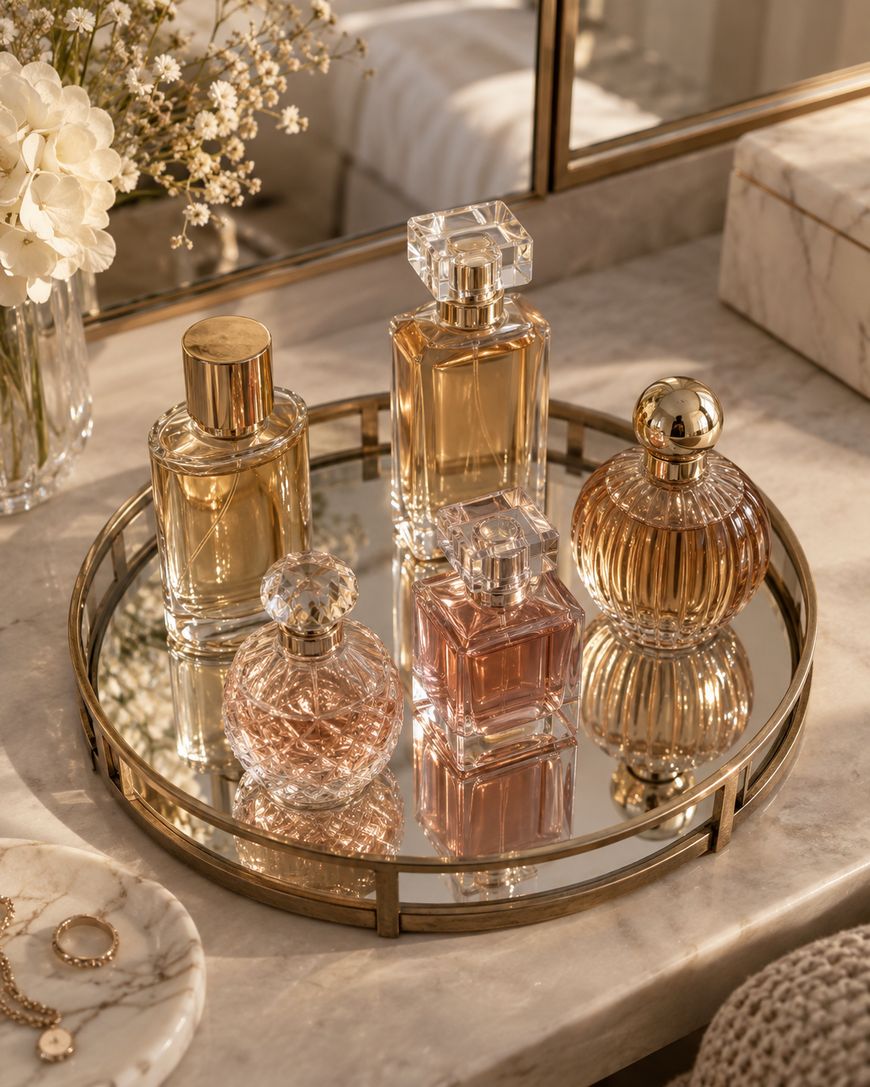 Five elegant perfume bottles sit on a round mirrored tray atop a marble vanity, with flowers, jewelry, and a soft, warm light reflecting in the background.