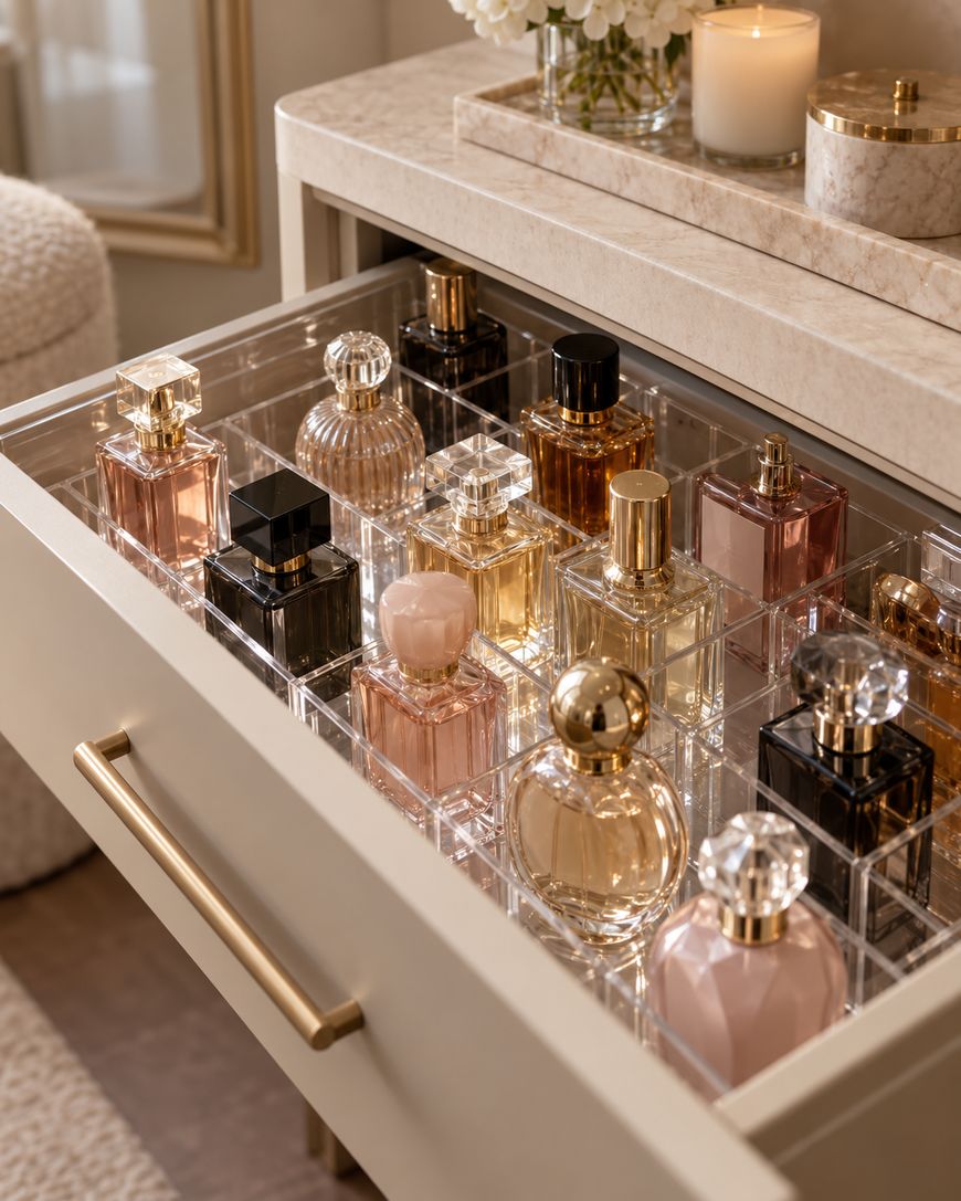 An organized drawer containing various elegant perfume bottles in a clear acrylic organizer, with a candle and flowers placed on the countertop above.