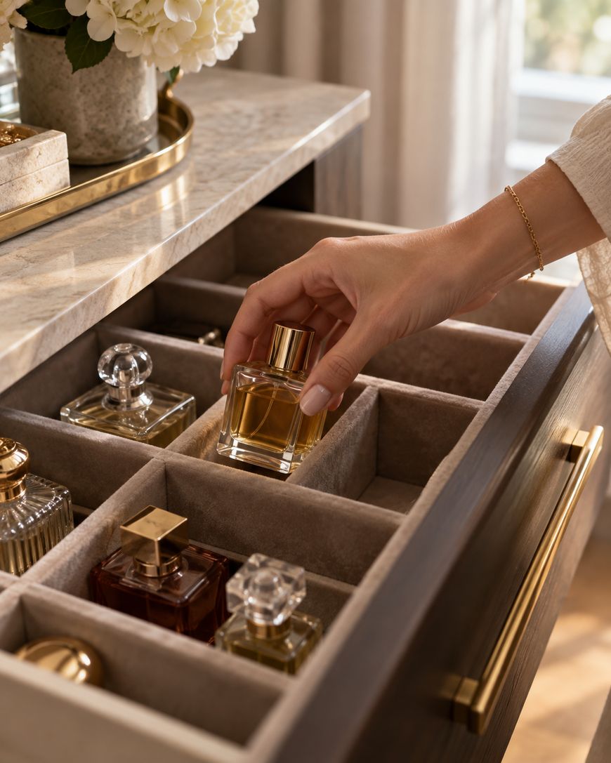 A hand reaches into an organized drawer filled with various perfume bottles, set in a structured velvet-lined tray. A vase with white flowers and a tray decorate the marble countertop above.