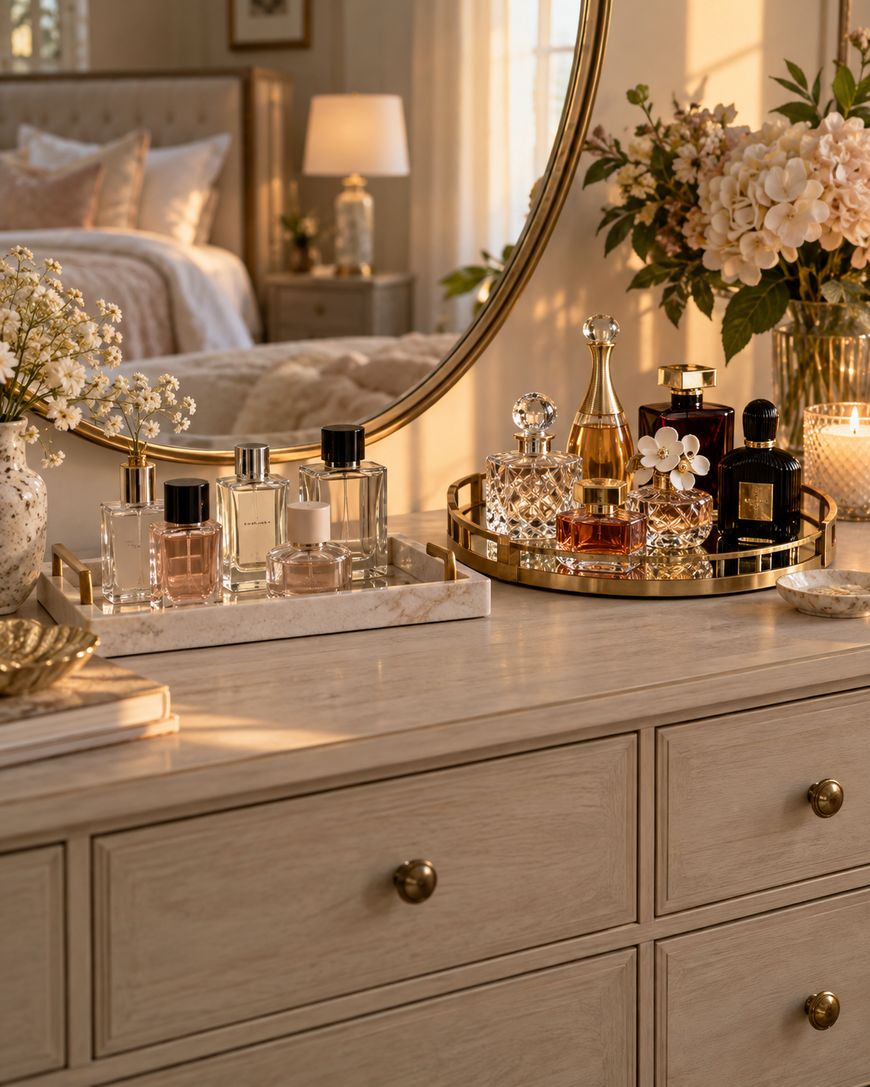 A dresser with perfume bottles, flowers, and candles arranged on trays, with a large round mirror reflecting a cozy, sunlit bedroom in the background.