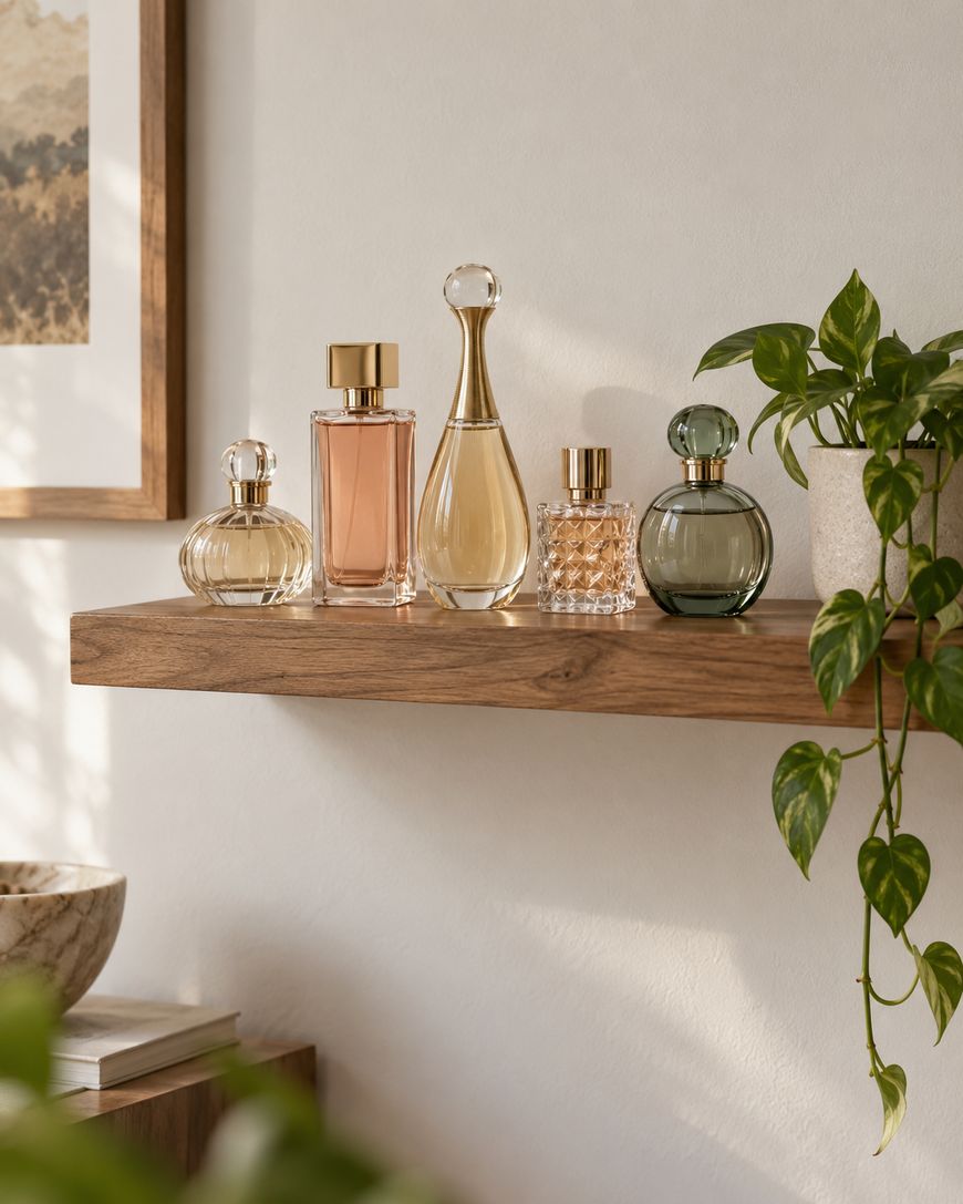 Five elegant perfume bottles sit on a wooden shelf against a white wall, with a green plant hanging nearby and framed art partially visible on the left. Sunlight casts soft shadows across the serene scene.