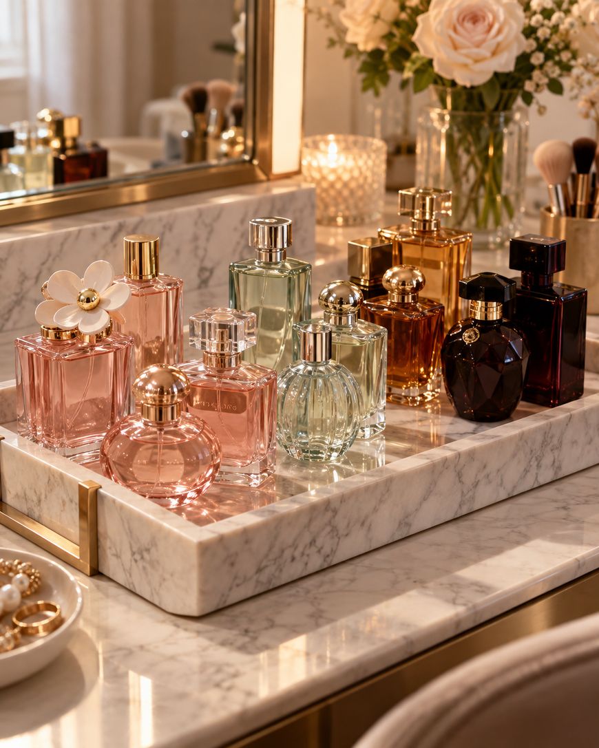 A marble tray holds various perfume bottles in different shapes and colors on a vanity, surrounded by flowers, makeup brushes, and a dish with jewelry in a softly lit, elegant setting.