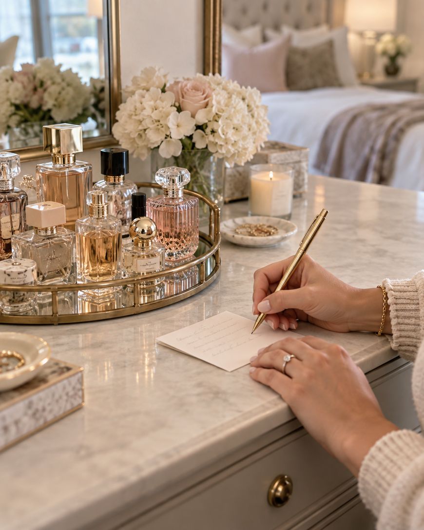 A person writes a note with a gold pen on a marble vanity, surrounded by perfume bottles, white flowers, a candle, and a jewelry dish, with a softly lit bedroom in the background.