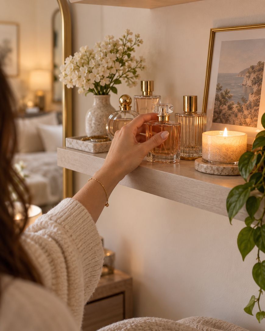 A person in a cozy sweater reaches for a perfume bottle on a shelf with other perfumes, a lit candle, framed art, a vase of white flowers, and a green plant.
