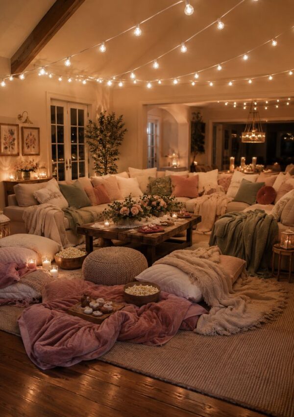 A cozy living room with string lights, plush sofas, floor cushions, blankets, candles, flowers, snacks, and popcorn, creating a warm, inviting atmosphere perfect for a gathering or movie night.