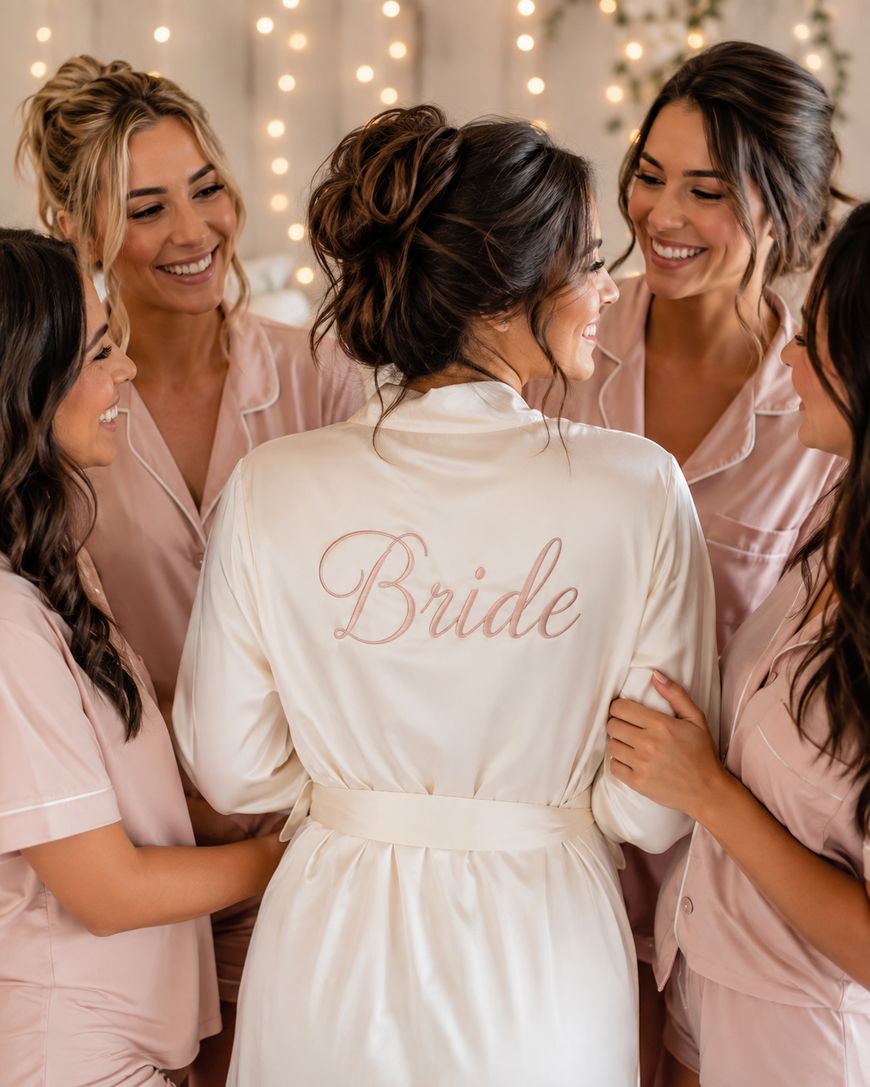 Five women in matching pink pajamas smile together indoors. The woman in the center wears a white robe with Bride written on the back. String lights hang in the background, creating a warm, celebratory atmosphere.